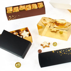 Réglette paillettes Chocolat pour marrons glacés Photo numéro 2 : Magnifique packaging pour marrons glacés au somptueux design chocolat et or crépitant ! Son fourreau transparent saura mettre vos produits en valeur !