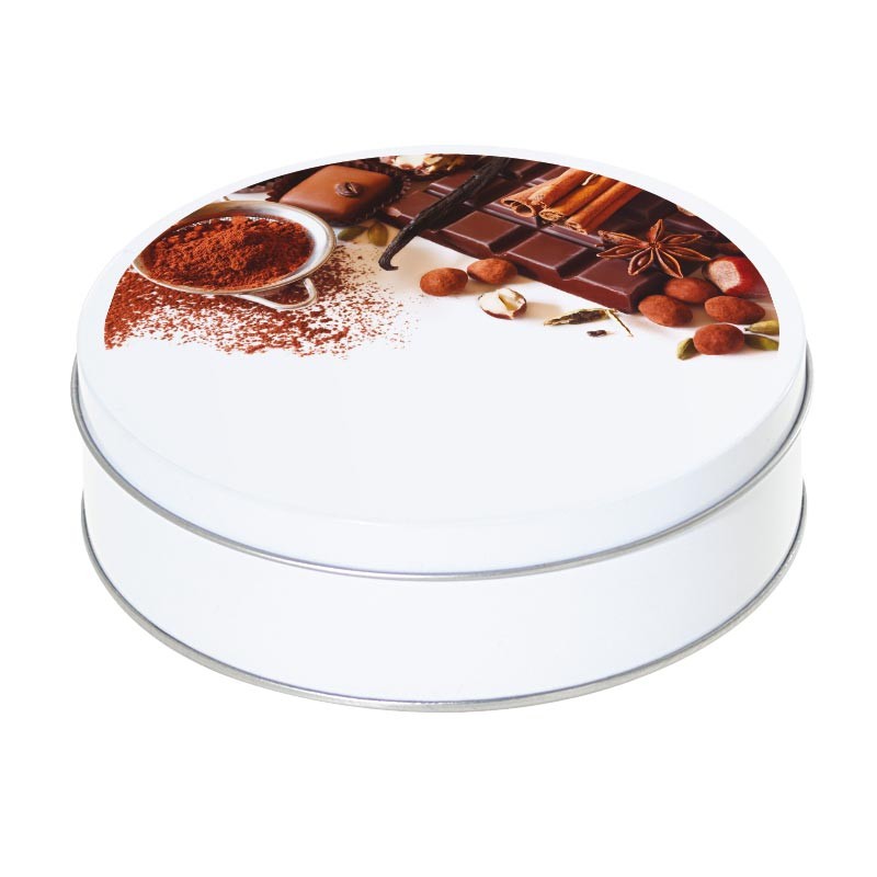 Boîte ronde métallique Caméléon B-13 - Photo chocolat, cacao, vanille