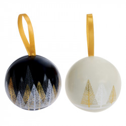 Boîte boule métallique à poser ou à suspendre sur le sapin collection Noël 2025 Épicéa