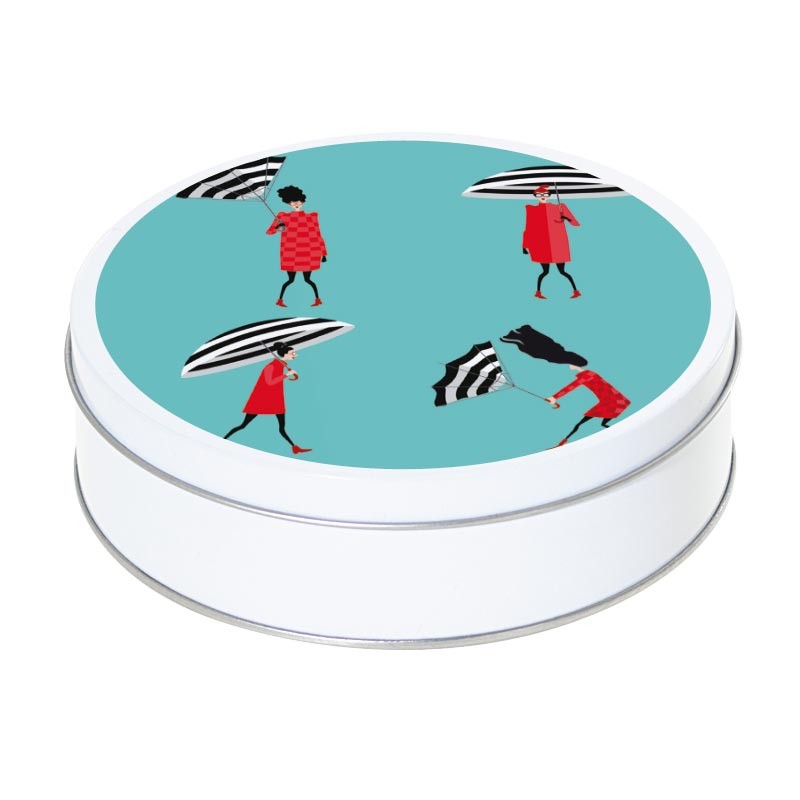 Boîte ronde métallique C-03 - Motif Scènes de parapluie printanières Boîte ronde métallique C-03 - Motif Scènes de parapluie printanières