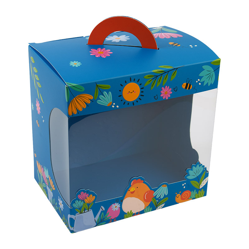 Panoramique Poule "Alphonse et Ernestine" : Sac panoramique avec fenêtre transparente, parfait pour présenter et transporter une poule en chocolat de Pâques en toute sécurité.