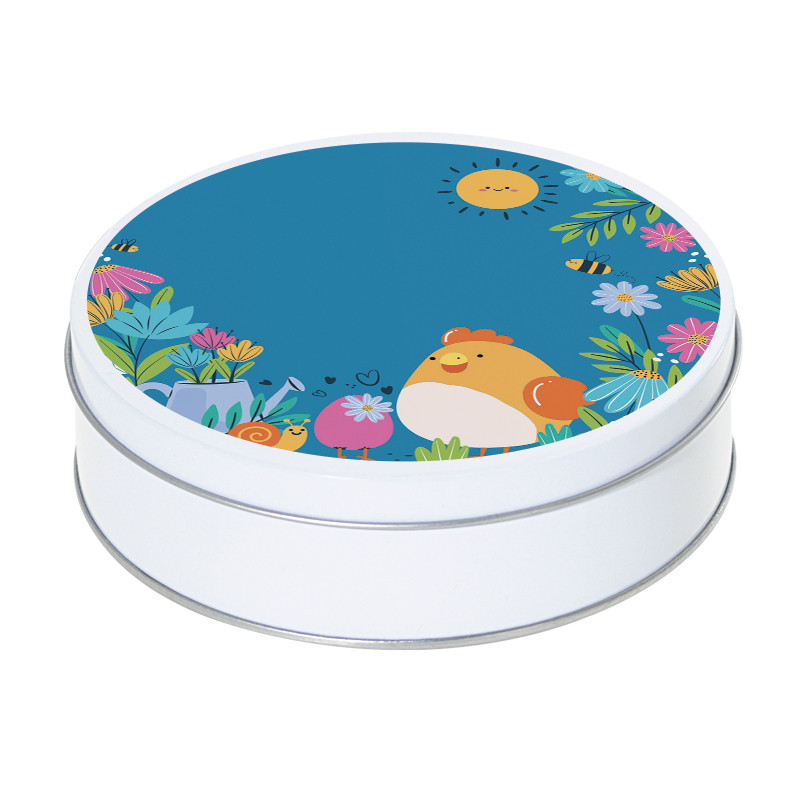 Boîte ronde métallique Caméléon® C-25 : Magnifique boîte métallique empilable dont le couvercle est imprimé avec l'Illustration C-25 au motif de la collection"Alphonse et Ernestine".