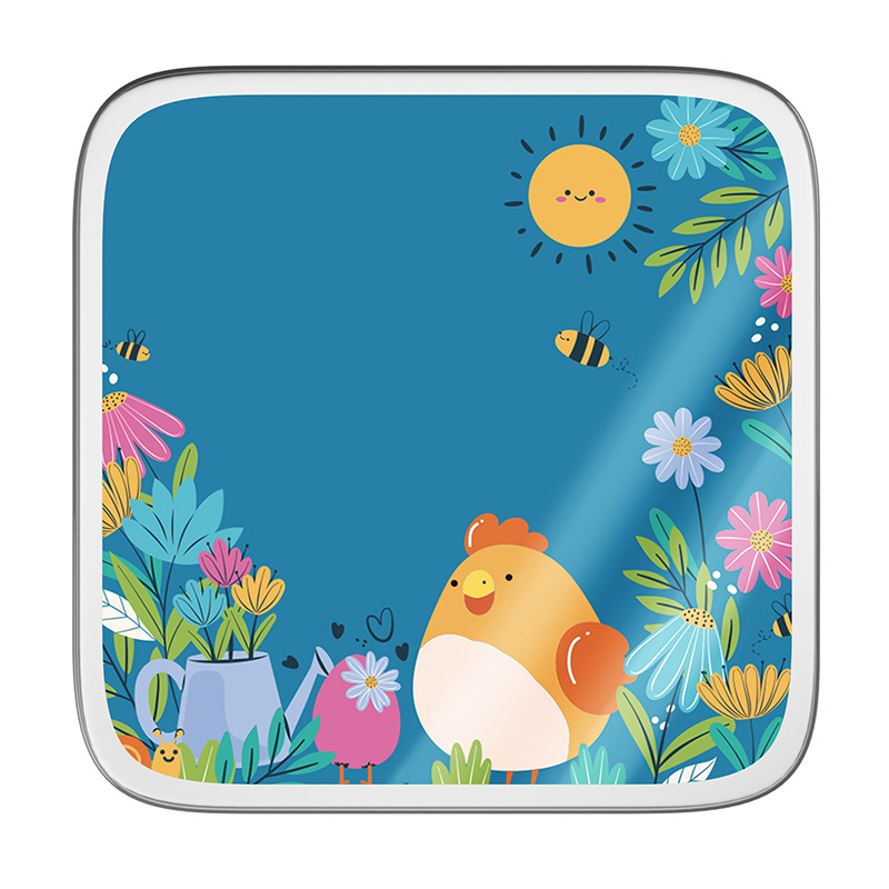 Boîte carrée métallique Caméléon® C-25 : Petite boîte carrée métallique Caméléon®, intérieur métal argenté apte au contact alimentaire, couvercle avec illustration C-25 (collection "Alphonse et Ernestine")