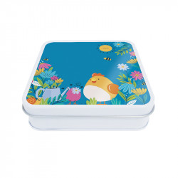 Boîte carrée métallique Caméléon® C-25 Photo numéro 2 : Petite boîte carrée métallique Caméléon®, intérieur métal argenté apte au contact alimentaire, couvercle avec illustration C-25 (collection "Alphonse et Ernestine")