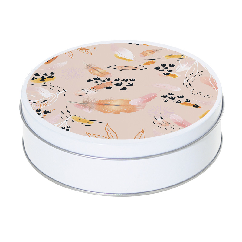 Boîte ronde métallique Caméléon® C-26 : Boîte ronde blanche métallique avec illustration au motif de la collection "Symphonie".