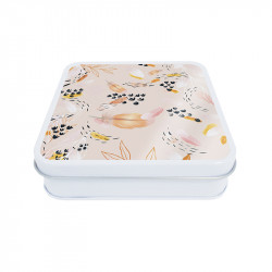 Boîte carrée métallique Caméléon® C-26 Photo numéro 2 : Petite boîte carrée métallique Caméléon®, intérieur métal argenté apte au contact alimentaire, couvercle avec illustration C-26 (collection "Symphonie").