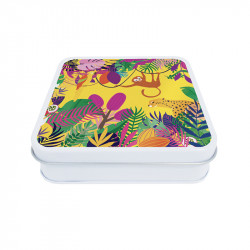 Boîte carrée métallique Caméléon® D-20 Photo numéro 2 : Petite boîte carrée métallique Caméléon®, intérieur métal argenté apte au contact alimentaire, couvercle avec illustration D-20 (collection "Exotique").