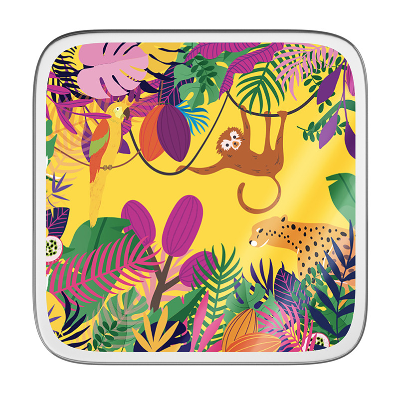 Boîte carrée métallique Caméléon® D-20 : Petite boîte carrée métallique Caméléon®, intérieur métal argenté apte au contact alimentaire, couvercle avec illustration D-20 (collection "Exotique").