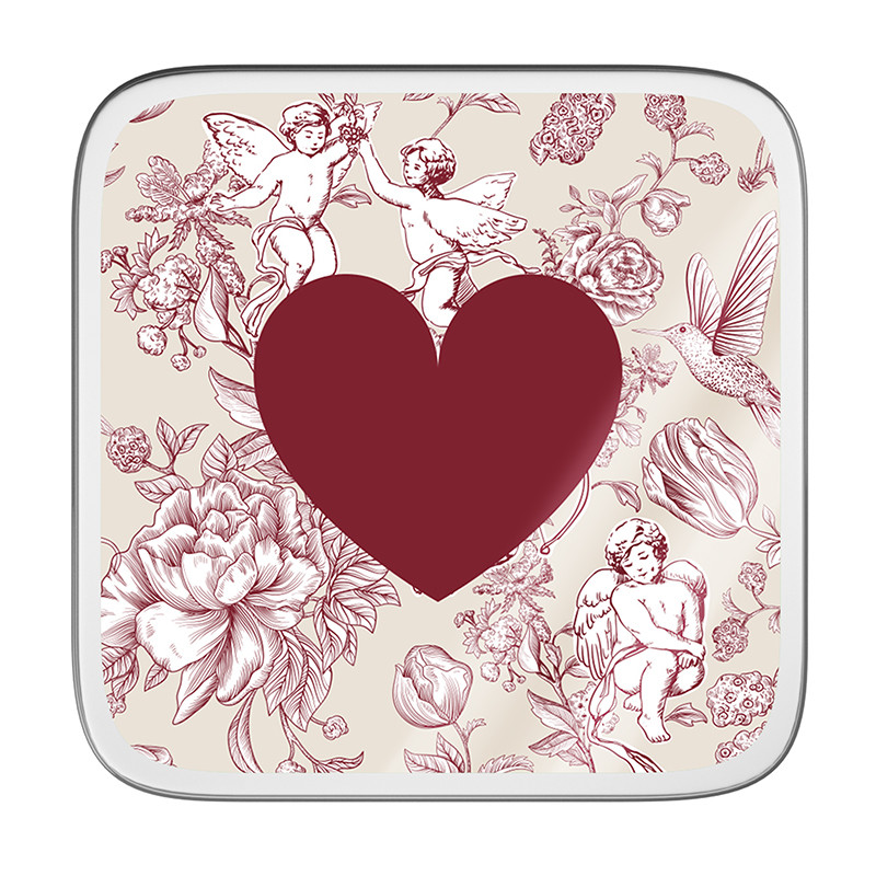 Boîte carrée métallique Caméléon® I-123 : Petite boîte carrée métallique Caméléon®, intérieur métal argenté apte au contact alimentaire, couvercle avec illustration I-123 (collection "Chambord").