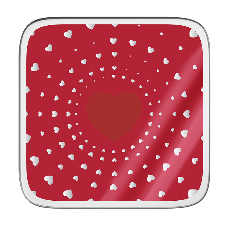 Boîte carrée métallique Caméléon® I-124 : Petite boîte carrée métallique Caméléon®, intérieur métal argenté apte au contact alimentaire, couvercle avec illustration I-124 (collection "Sortilège").