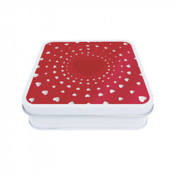 Boîte carrée métallique Caméléon® I-124 Photo numéro 2 : Petite boîte carrée métallique Caméléon®, intérieur métal argenté apte au contact alimentaire, couvercle avec illustration I-124 (collection "Sortilège").