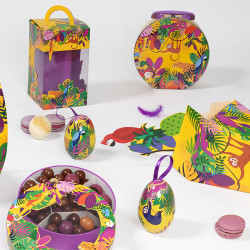 Shirley "Exotique" Photo numéro 4 : Boîte ronde Shirley "Exotique" avec fenêtre transparente, parfaite pour présenter chocolats et gourmandises de Pâques avec style et audace.