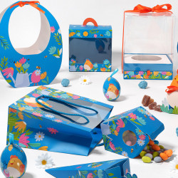 Maryline "Alphonse et Ernestine" Photo numéro 4 : Coffret Maryline avec tiroir et socle amovible. Combine moulages et bouchées de chocolat pour créer un emballage Pâques unique et attractif.