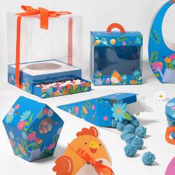 Maryline "Alphonse et Ernestine" Photo numéro 2 : Coffret Maryline avec tiroir et socle amovible. Combine moulages et bouchées de chocolat pour créer un emballage Pâques unique et attractif.