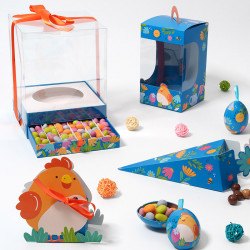 Maryline "Alphonse et Ernestine" Photo numéro 3 : Coffret Maryline avec tiroir et socle amovible. Combine moulages et bouchées de chocolat pour créer un emballage Pâques unique et attractif.