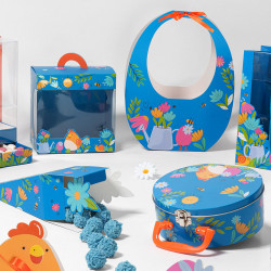 Panier Ovo "Alphonse et Ernestine" Photo numéro 2 : Panier Ovo "Alphonse et Ernestine" pour présenter vos moulages de Pâques avec style. Emballage pratique et coloré pour séduire petits et grands.