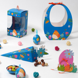 Panier Ovo "Alphonse et Ernestine" Photo numéro 3 : Panier Ovo "Alphonse et Ernestine" pour présenter vos moulages de Pâques avec style. Emballage pratique et coloré pour séduire petits et grands.