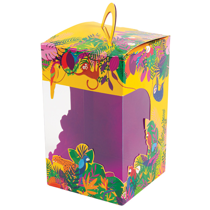 Panoramique Œuf "Exotique" : Boîte panoramique "Exotique" pour œufs de Pâques. Emballage pratique et lumineux pour séduire enfants et adultes en boutique ou pour offrir.
