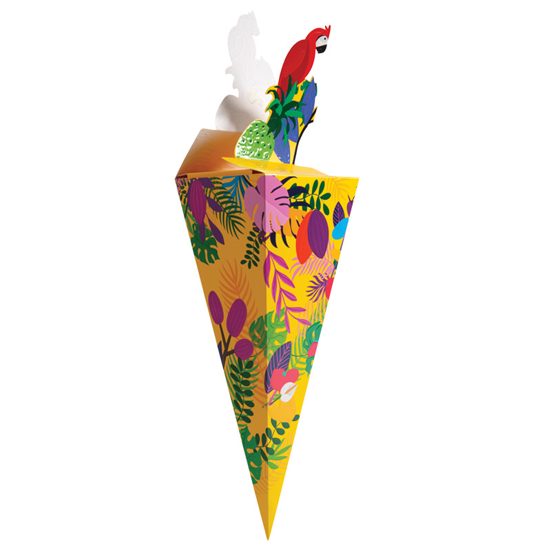 Cornet "Exotique" : Packaging pochette surprise imprimée, faisant partie de la collection "Exotique" dans laquelle les fleurs et les tons orangés dominent.