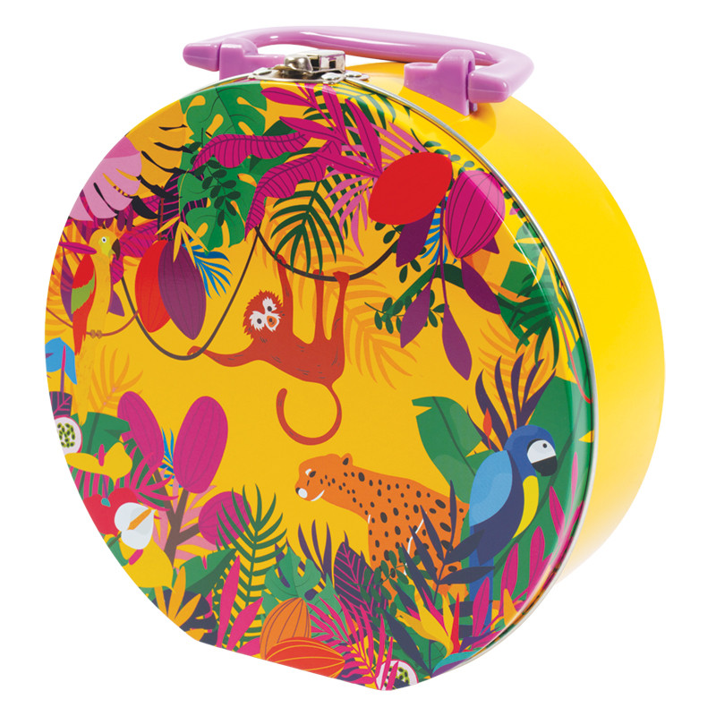 Valise Métallique "Exotique" : Superbement illustrée avec lapins, poules et œufs cachés dans une végétation luxuriante. 
Intérieur apte au contact alimentaire. Contenance : 300 gr.