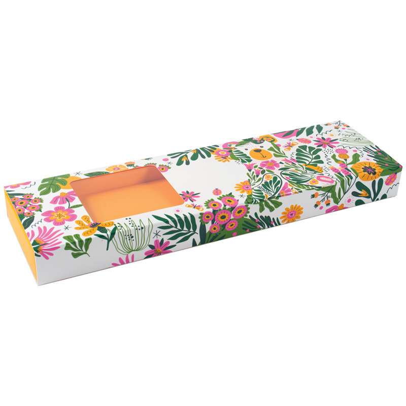 Boîte Oursons en Folie : Conçue pour recevoir 8 oursons en guimauve, intérieur orange, fenêtre transparente et motif en vernis sélectif pour une présentation élégante et gourmande.