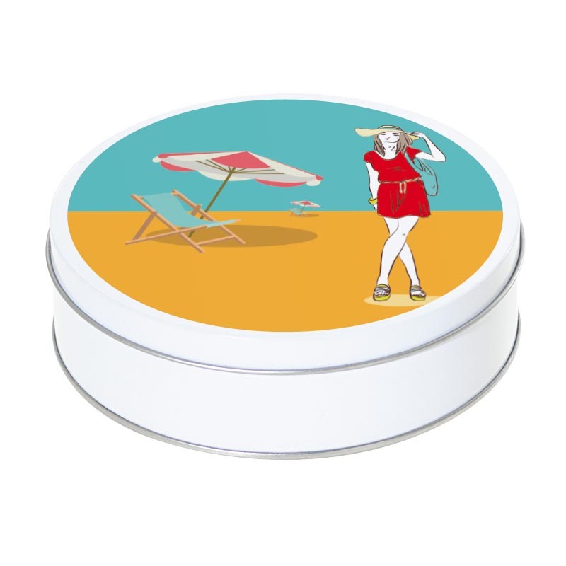 Boîte ronde métallique Caméléon D-09 - Illustration L'été à la plage ! Boîte ronde métallique Caméléon D-09 - Illustration L'été à la plage !
