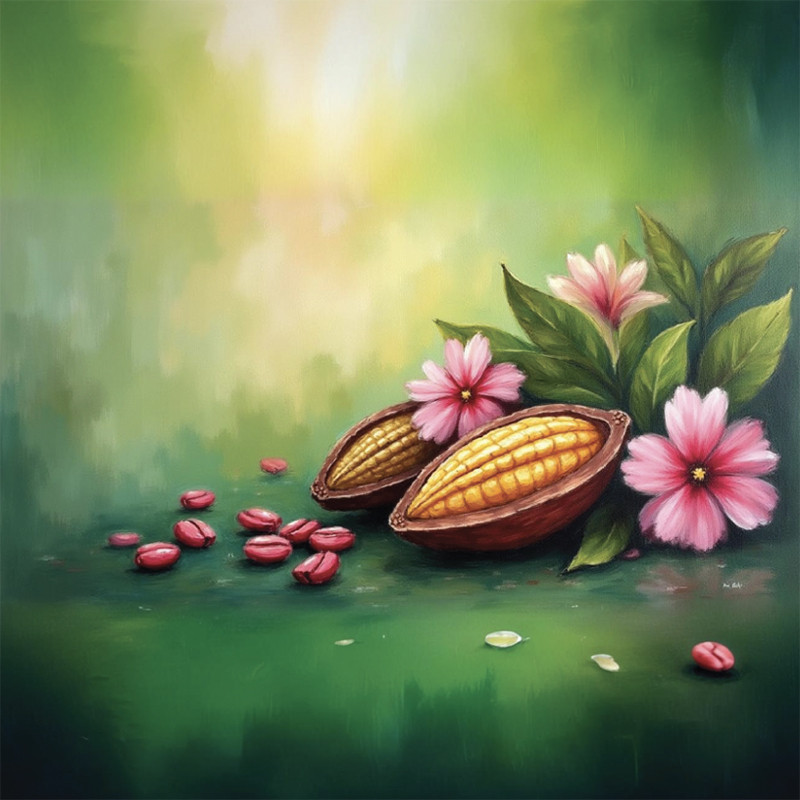 Visuel Caméléon® B-35 : Packaging chocolat Caméléon® : le visuel B-35, le cacao à l'état végétal. Impression ou carte à glisser dans vos boîtes pour chocolatiers professionnels.