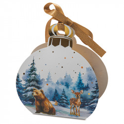 Ballotin boule "Matin d'Hiver" Photo numéro 2 : Boîte en forme de boule de Noël (avec ruban) imprimée au motif "Matin d'Hiver" représentant d'adorables animaux sauvages dans une forêt enneigée (aquarelles).