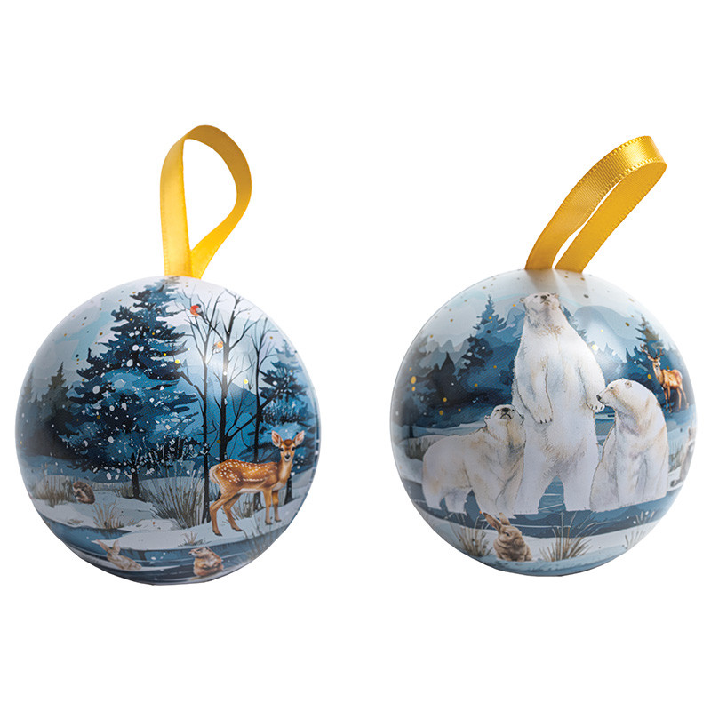 Boîte boule métallique "Matin d'Hiver" : Boîte boule métallique Collection "Matin d’Hiver" pour chocolats, à poser ou suspendre, élégante pour les fêtes, lot de 24 pièces.