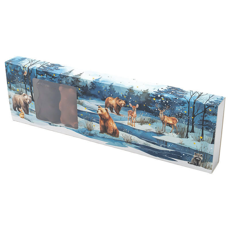 Boîte Oursons "Matin d'Hiver" : Boîte oursons guimauve "Matin d’Hiver" pour 8 pièces, élégante avec fenêtre transparente et vernis sélectif pour une présentation gourmande.