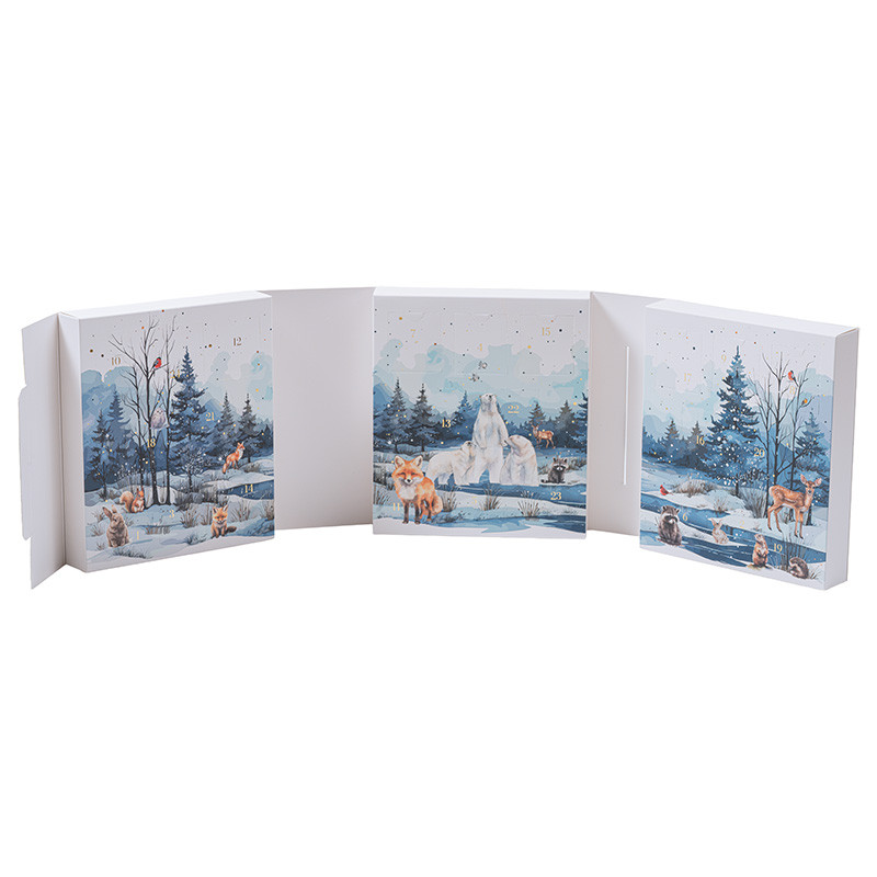 Calendrier triptyque "Matin d'Hiver" : Calendrier de l’Avent triptyque "Matin d’Hiver" avec 24 compartiments à chocolats et 3 plateaux thermoformés, idéal pour présentation festive et personnalisable