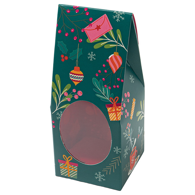 Étui avec fenêtre transparente "Funky" : Étui fenêtre "Funky" pour chocolats, intérieur fuchsia et design coloré, avec fenêtre transparente pour une présentation festive. Livré à plat, contenance 200 g