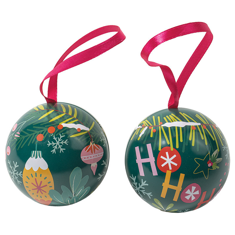 Boîte boule métallique "Funky" : Boîte boule métallique "Funky" pour chocolats à poser ou suspendre, intérieur apte au contact alimentaire et ruban fuchsia, pour une présentation festive et colorée