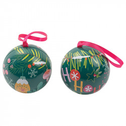 Boîte boule métallique "Funky" Photo numéro 2 : Boîte boule métallique "Funky" pour chocolats à poser ou suspendre, intérieur apte au contact alimentaire et ruban fuchsia, pour une présentation festive et colorée