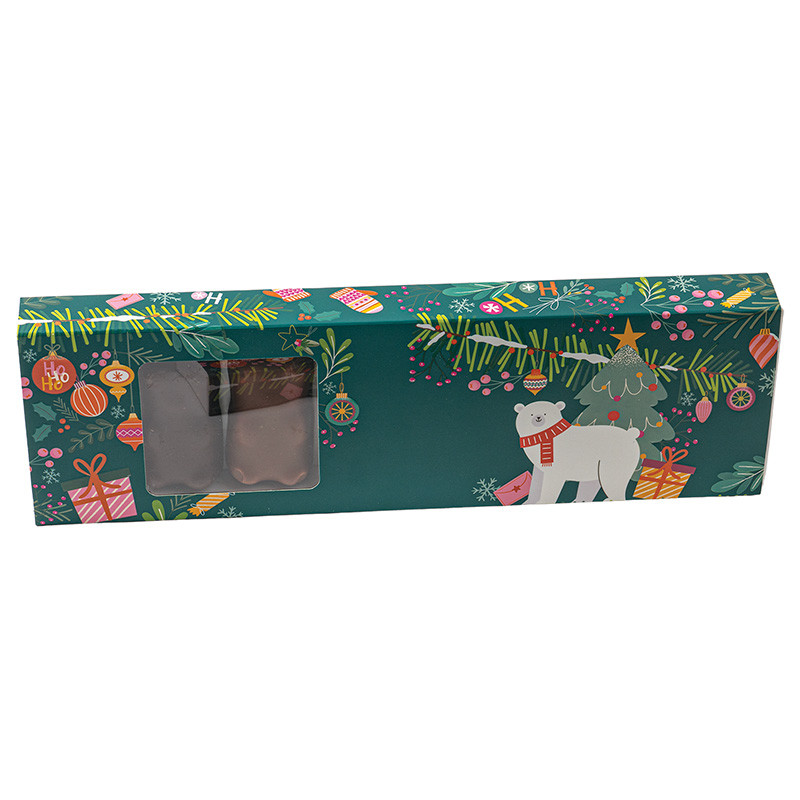 Boîte Oursons "Funky" : Boîte oursons guimauve "Funky" pour 8 pièces, fenêtre transparente, avec vernis sélectif et embossage pour une présentation colorée, festive et moderne.