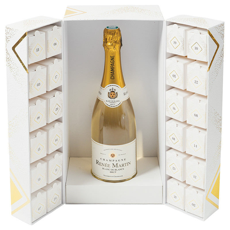 Calendrier de l'Avent Léa "Apogée" : Calendrier de l’Avent Léa "Apogée", coffret aimanté avec 24 cases et compartiment central pour bouteille ou moulage, intérieur blanc apte au contact alimentaire