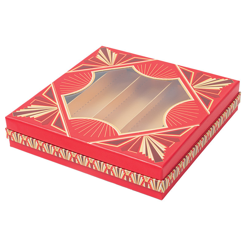 Molière "Holly" : Boîte Molière "Holly", intérieur doré apte au contact alimentaire, avec faux-fond et séparateur, dans un esprit Art Déco rouge et or chic et festif.