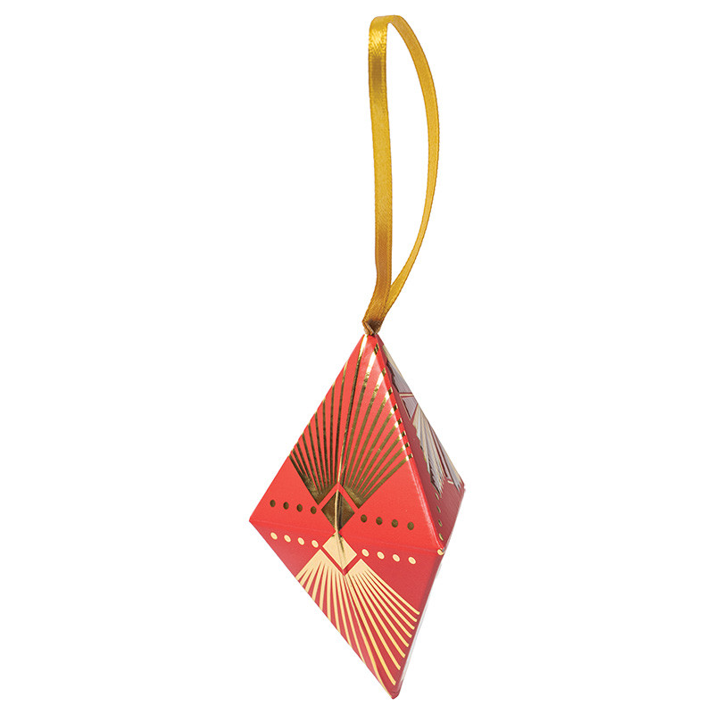 Losange "Holly" : Losange "Holly", petit écrin décoratif Art Déco rouge et or à poser ou suspendre, intérieur apte au contact alimentaire avec ruban de suspension.