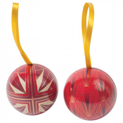 Boîte boule métallique "Holly" Photo numéro 2 : Boîte boule métallique "Holly", à poser ou à suspendre, intérieur apte au contact alimentaire avec ruban de suspension, design festif rouge et or pour les fêtes