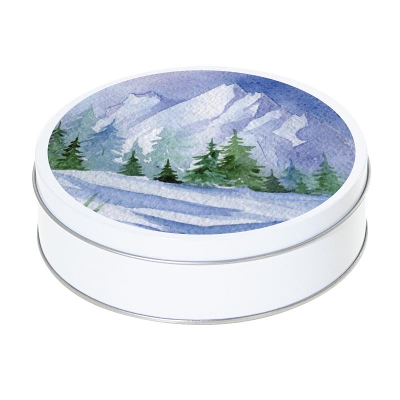 Boîte ronde métallique Caméléon F-03 - Paysage montagneux hivernal Boîte ronde métallique Caméléon F-03 - Paysage montagneux hivernal