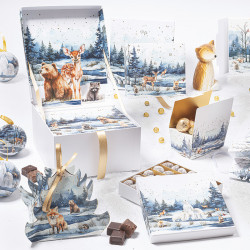 Octave "Matin d'Hiver" Photo numéro 4 : Packaging pyramidal moderne et innovant pour chocolatier avec motif "Matin d'Hiver", constitué de 3 compartiments à superposer, livrés les uns dans les autres.