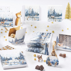 Ballotin boule "Matin d'Hiver" Photo numéro 4 : Boîte en forme de boule de Noël (avec ruban) imprimée au motif "Matin d'Hiver" représentant d'adorables animaux sauvages dans une forêt enneigée (aquarelles).