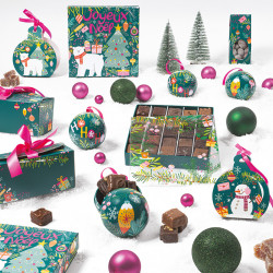Molly "Funky" Photo numéro 2 : Boîte Molly "Funky" pour chocolats, intérieur apte au contact alimentaire, avec faux-fond et séparateur, design coloré pour une présentation festive et moderne.