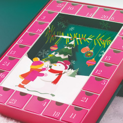 Calendrier Carnet Cadre de l'Avent "Funky" Photo numéro 6 : Calendrier de l'Avent de la gamme "Funky", livré monté et assemblé, composée de 24 cases pré-découpées à ouvrir et d'un séparateur amovible de 24 compartiments.