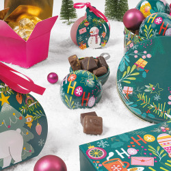 Ballotin boule "Funky" Photo numéro 7 : Boîte boule "Funky" pour chocolats, intérieur blanc apte au contact alimentaire et ruban de fermeture, packaging coloré et festif. La qualité Embaline.