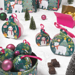 Ballotin boule "Funky" Photo numéro 4 : Boîte boule "Funky" pour chocolats, intérieur blanc apte au contact alimentaire et ruban de fermeture, packaging coloré et festif. La qualité Embaline.