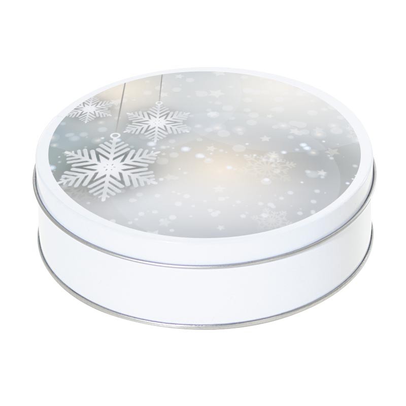 Boîte blanche ronde métallique Caméléon F-07 - Flocons de neige design Boîte blanche ronde métallique Caméléon F-07 - Flocons de neige design