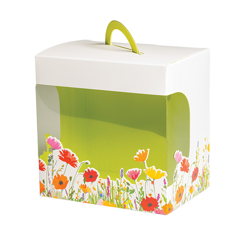 Panoramique Poule "Prairie" : Sac panoramique de la collection "Prairie" avec fenêtre transparente, parfait pour présenter et transporter une poule en chocolat de Pâques en toute sécurité.