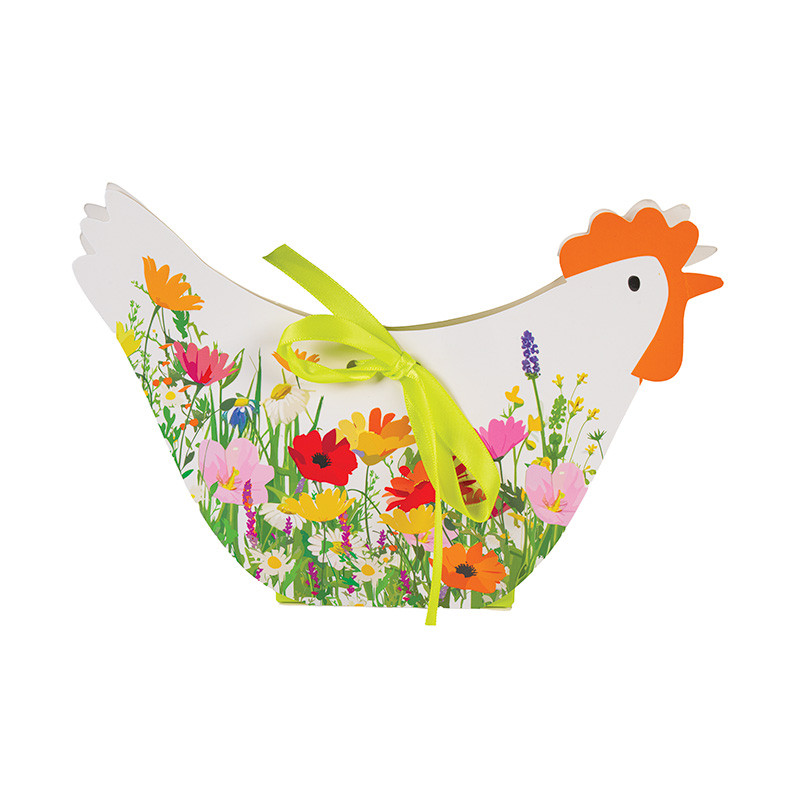 Ballotin Poulette "Prairie" : Petit boîtage en forme de Poulette de Pâques aux couleurs de la collection 2027 "Prairie", intérieur blanc apte au contact alimentaire et fermeture ruban.