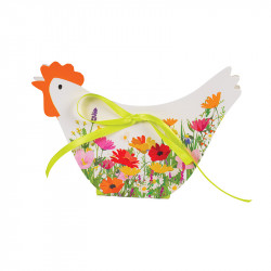 Ballotin Poulette "Prairie" Photo numéro 2 : Petit boîtage en forme de Poulette de Pâques aux couleurs de la collection 2027 "Prairie", intérieur blanc apte au contact alimentaire et fermeture ruban.